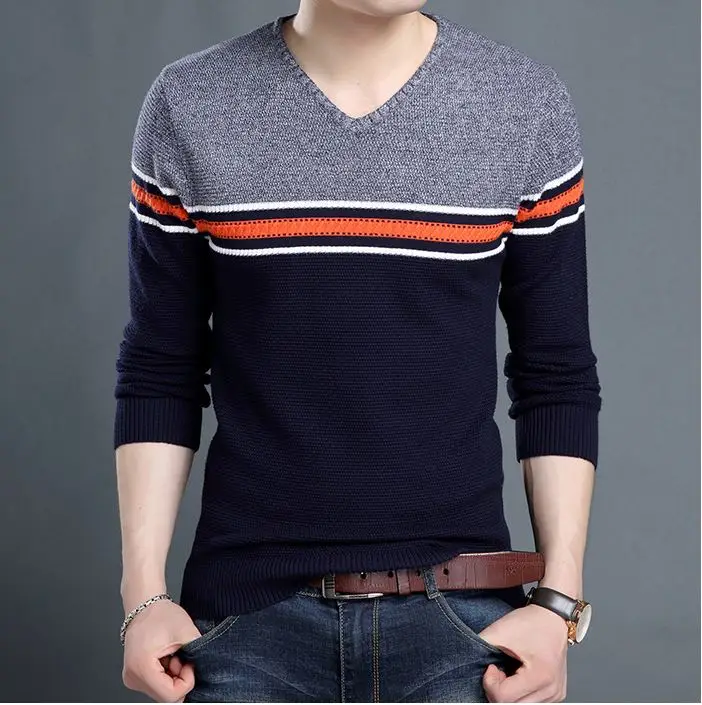 Navy Blue02 Модный брендовый мужской свитер, пуловер с v-образным вырезом, Облегающие джемперы, вязанная шерстяная зимняя повседневная мужская одежда в Корейском стиле J795 - Цвет: Navy Blue02