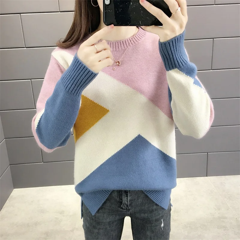 Осень Зима Pull Femme Nouveaute Женский Цветной лоскутный свитер Толстая вязаная одежда трикотажный пуловер Топы
