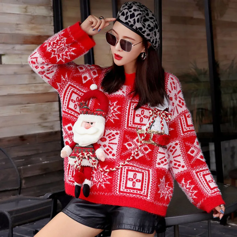 Vefadisa, Зимний Рождественский женский свитер, пуловеры с аппликацией, свитер, толстый красный вязаный свитер с круглым вырезом, QYF1045