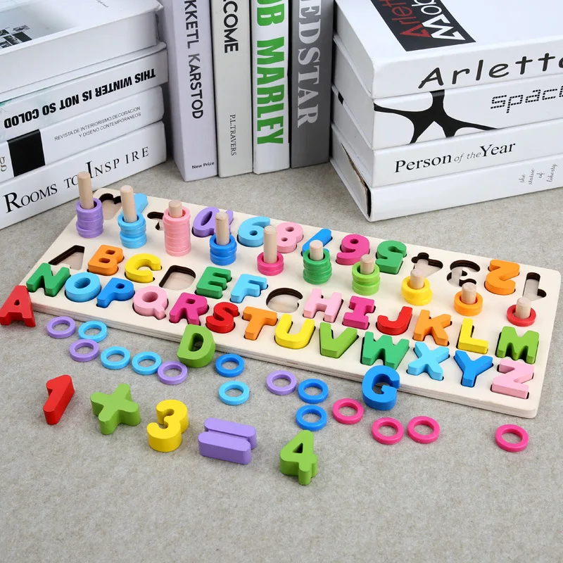 

Wood Rainbow Ring with Numbers English Three-in-One Numbers Board Color Matching Children Early Childhood Educational Force Toy