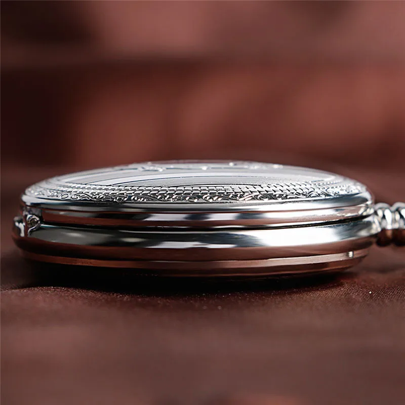 Silver Shield Full Hunter Case Men Women Skeleton Automatic Mechanical Pocket Watch Arabic Number Retro Clock Pendant Chain Gift