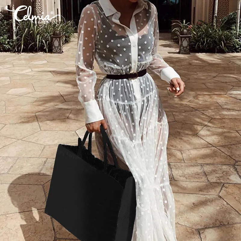 

Bohemian Polka Dots Printed Midi Dress Celmia 2019 Summer See Through Long Sleeve Transparent Dress Plus Size White Vestidos 5xl