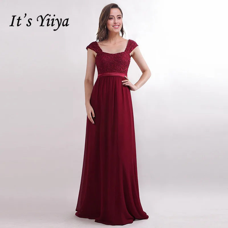 

It's Yiiya Evening Dress Burgundy Boat Neck Women Party Dresses Long Robe De Soiree Chiffon Lace Sleeveless Formal Gowns C465