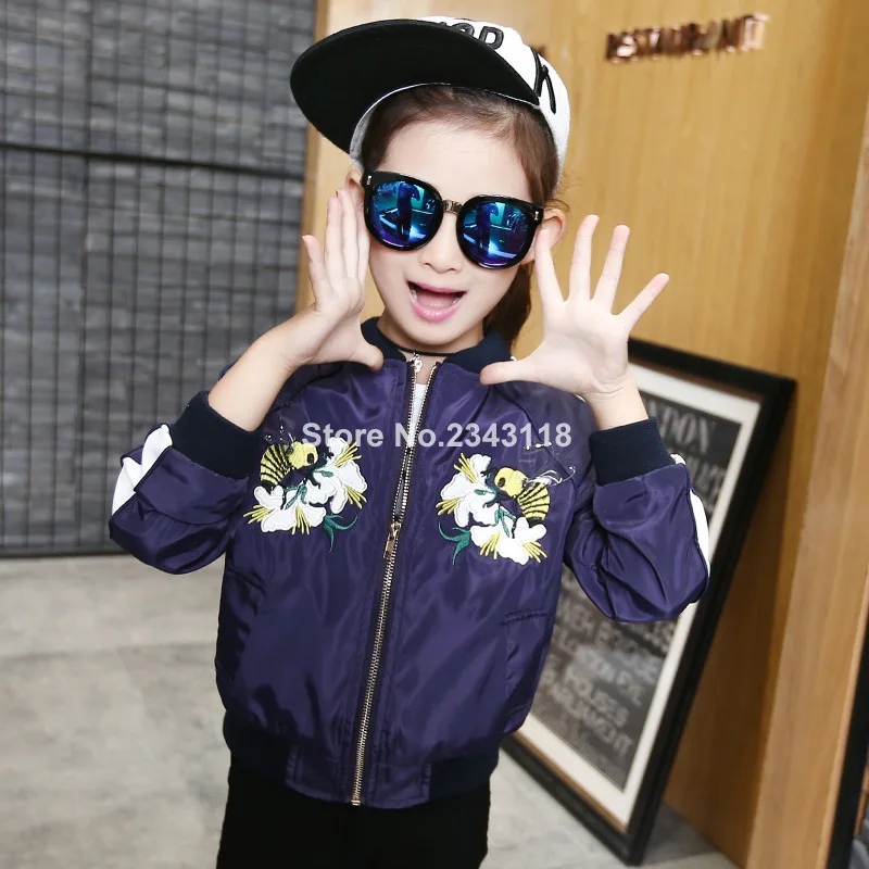 

2019Spring Autumn New Girls' Coat Sports Solid Color Embroidery Flower Girls Collar Jacket Baseball Uniform 4-12 Ages