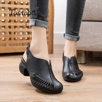 

Tastabo manual Genuine Leather Women's shoes mid heels Retro style Brown Black S2208 Breathable design New round head wild