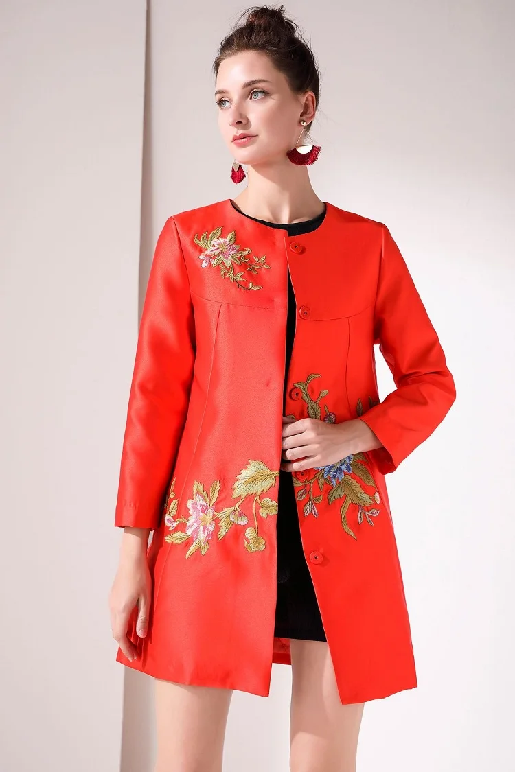 Casacos Feminino осеннее повседневное женское пальто с цветочной вышивкой на пуговицах винтажное темно-синее красное пальто ветровки XXL