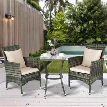 

3 Pcs Patio Rattan Chairs and Table Set with Cushions Countryside Outdoor Patio Furniture HW54828