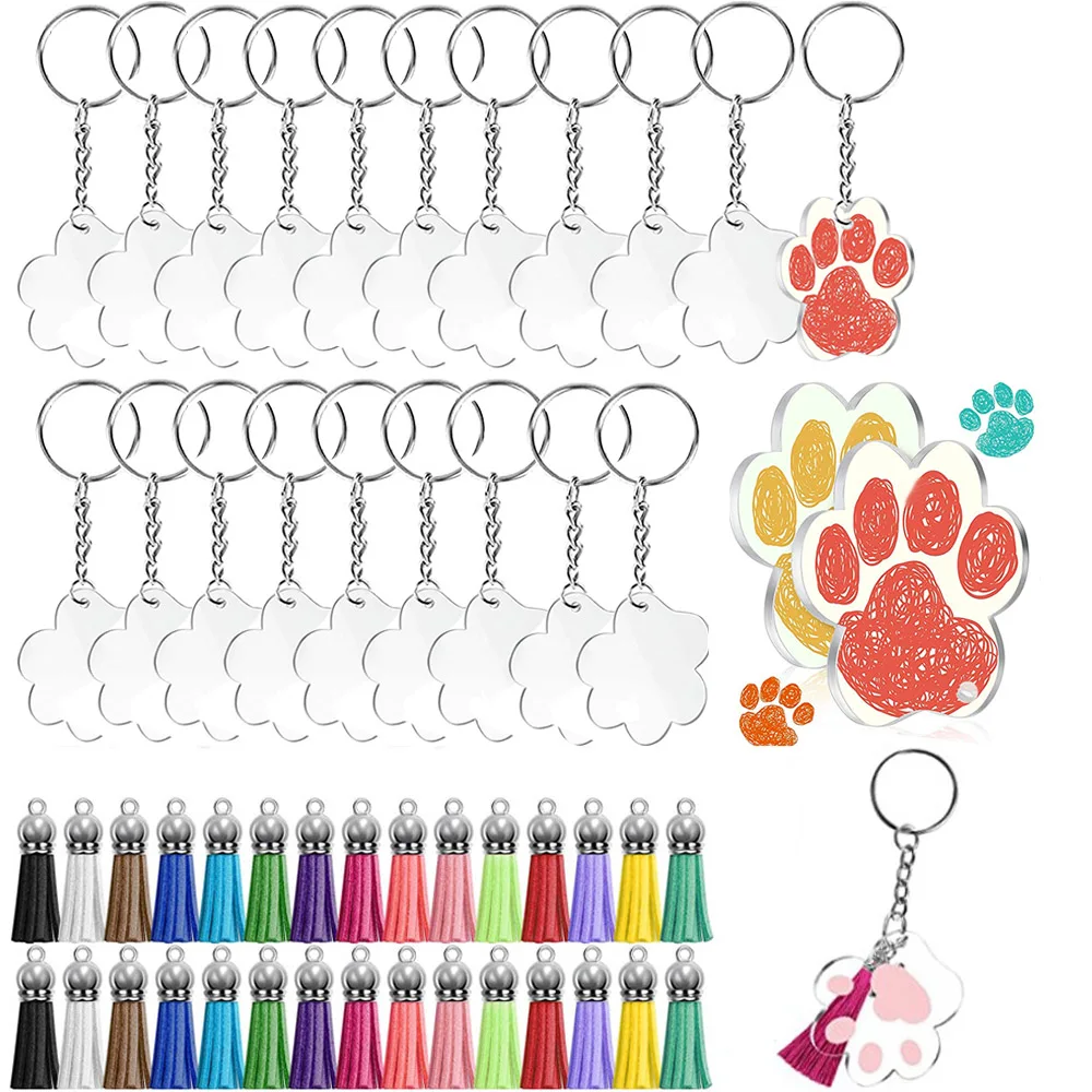 20 Pcs Acrylic Cat Paw Tag Key Chain Cat Paw Blanks Clear Acrylic Cat Blanks with Key Ring HACRAHO Acrylic Key Chain Blanks 