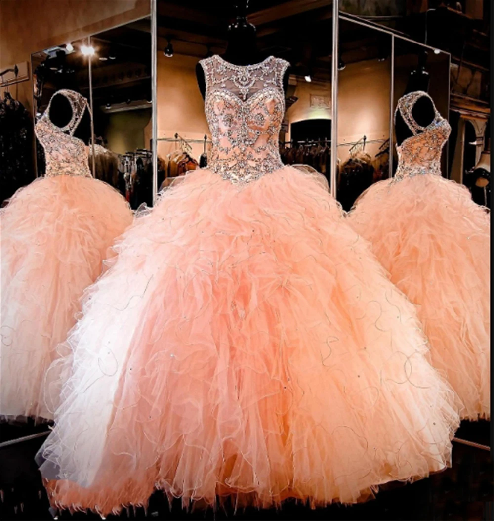 Превосходное розовое Тюлевое платье с кристаллами и бисером, Vestidos De 15, бальное платье с глубоким вырезом на спине, на шнуровке, многослойное Пышное Платье