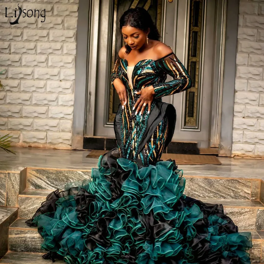 plus size prom dresses African Emerald Green And Black Mermaid Prom Dresses 2020 Sparkle Long Prom Gowns Full Sleeves Ruffles Plus Size Party Dress simple prom dresses