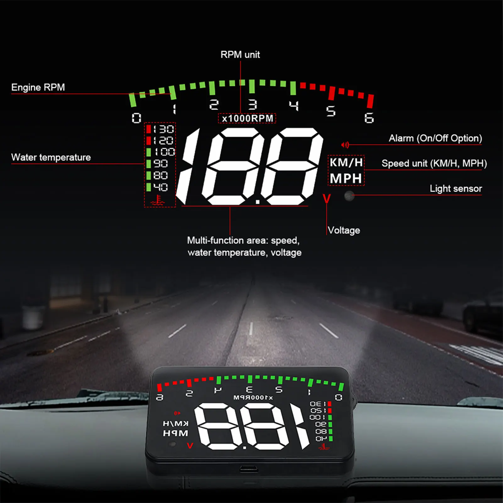 Obd2 carro head-up display 5 nível de ajuste de brilho painel hud velocidade do carro projetor rpm temperatura over-time alarme de condução