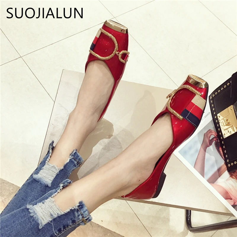 SUOJIALUN Rhinestone Buckle Flat Shoes Women Square Toe Ballerina Slip On Ladies Shoes Fashion Design Luxury Loafers Flat Shoes
