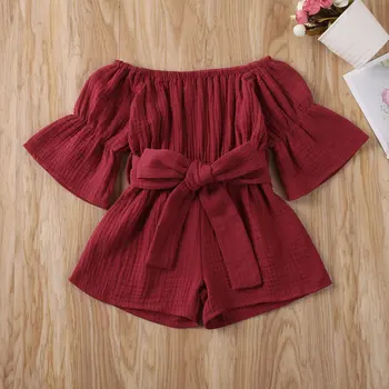 

2020 Baby Rompers Toddler Baby Girls Fashion Summer Clothing Solid Off-shoulder Big Bow Jumpsuit Infant Waist Bandage Shorts