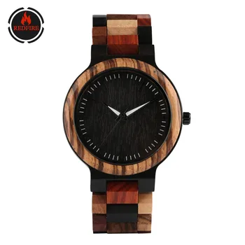 

REDFIRE Mixed Color Full Wood Men Watch Minimalist Round Dial Mens Wooden Quartz Timepiece Folding Clasp Creative Wood Clock