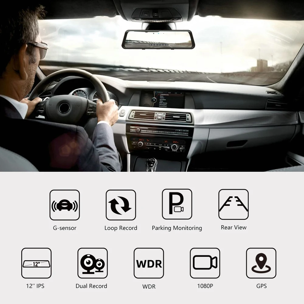 

Fodsports 12" touch IPS car DVR 1280P mirror dash cam recorder dual lens camera video recorder front rear view mirror DVR GPS