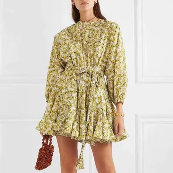 

Autumn Vintage Printed Long Sleeve Irregular Mini Dress Female 2020 Women Elegant Ruffles Chiffon Dress