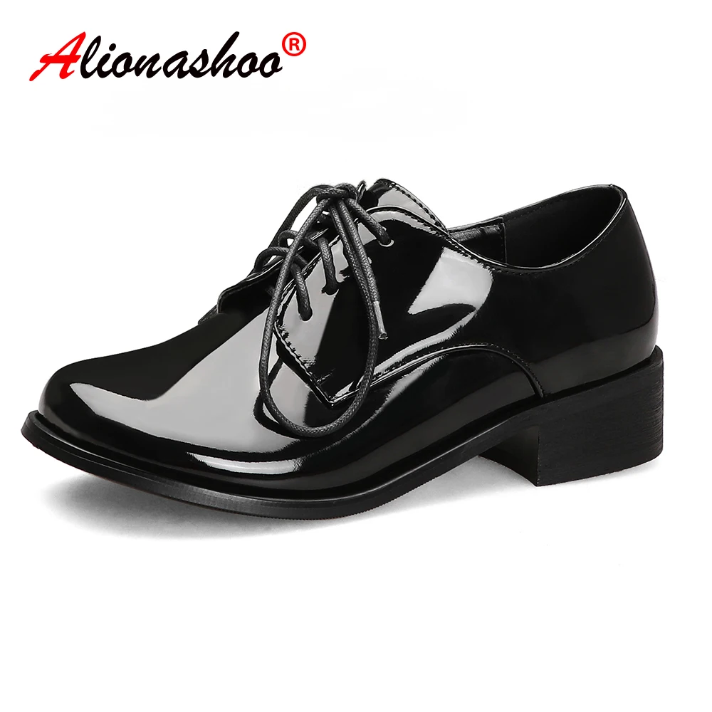 

2020 Spring Fashion Women Derbies British Patent Leather Round Toe Oxfords Flats Casual Ladies Lace-up Creepers Shoes 34-48