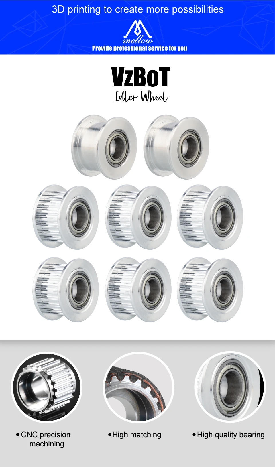 mellow conjunto de peças impressoras vzbot kit idler alumínio polia cronometrando dente roda furo para portões correia dentada