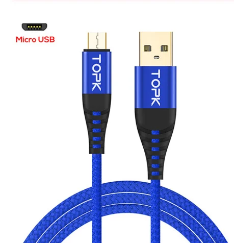 Blue TOPK 1 м 2 м C142 Micro USB кабель с нейлоновой оплеткой кабель для передачи данных для samsung Galaxy S7 edge S6 Xiaomi Redmi Note 5 кабели для мобильных телефонов - Color: Blue