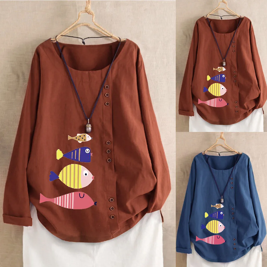 

Tshirt Women Casual Plus Size O-Neck Print Loose Button Long Sleeve Tops Poleras Camiseta Mujer Top Women Harajuku T Shirt Haut