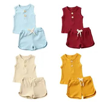 

Baby Summer Clothing Toddler Kids Baby Girls 9M-4T Clothes Sleeveless Top T-shirt Shorts Ribbed Solid Outfit Set