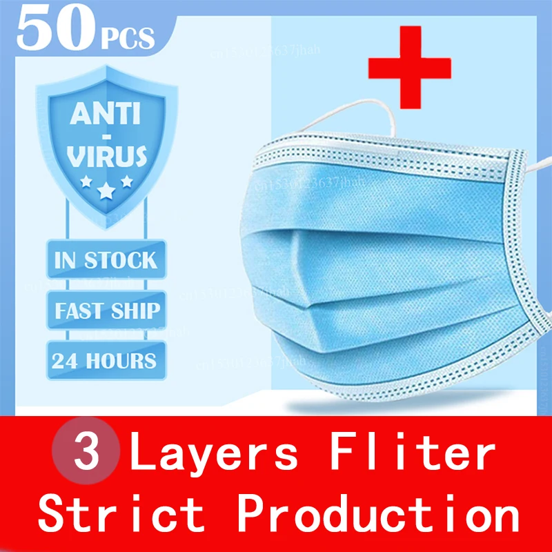 

50PCS In Stock Fast Delivery Hygiene Face Mask 3 Layer Disposable Protective Mask To Antivirus Masks Dustproof Anti Dust Flu