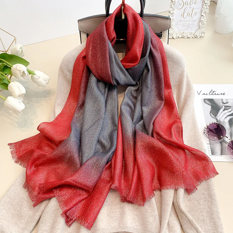 

2019 Women Lurex Glitter Thin Scarf Luxury Brand Ombre Shimmer Wrap Scarves Shawl Femme Bandanas Bufanda Foulards Hijab 185*70Cm