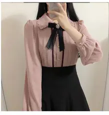 Short Chic Tops Summer Puff Sleeve Slim Waist Peplum Lace-Up Bow Tie Ruffled Shirt Blouse Women Top Korean Japan Flhjlwoc Cute