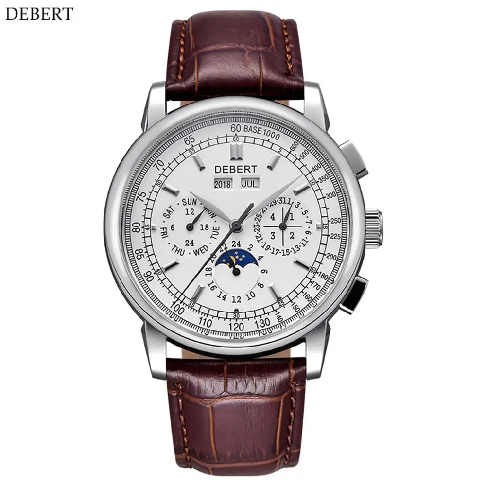 Debert 42mm Top Brand Watch Men Moon Phase White Dial Silver stainless steel Case Seagull Automatic watch часы мужские