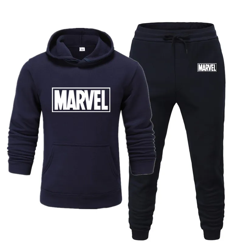 Спортивный Костюм Marvel с принтом «Человек-паук», Мужские Термо спортивные комплекты, хлопковая толстовка с капюшоном+ штаны, спортивный костюм, повседневные толстовки, спортивный костюм - Цвет: navy blue