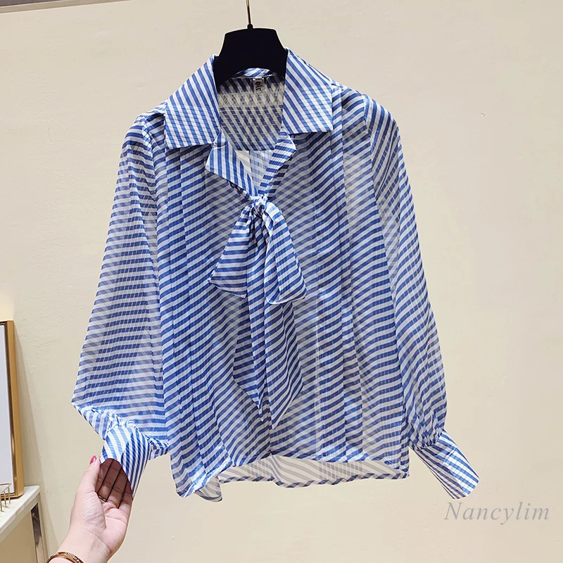 

Women's Stripe Blouse 2021 Spring Autumn New Chiffon Shirt Female Lady Long Sleeve Tops Nancylim Blusa Mujer Nancylim