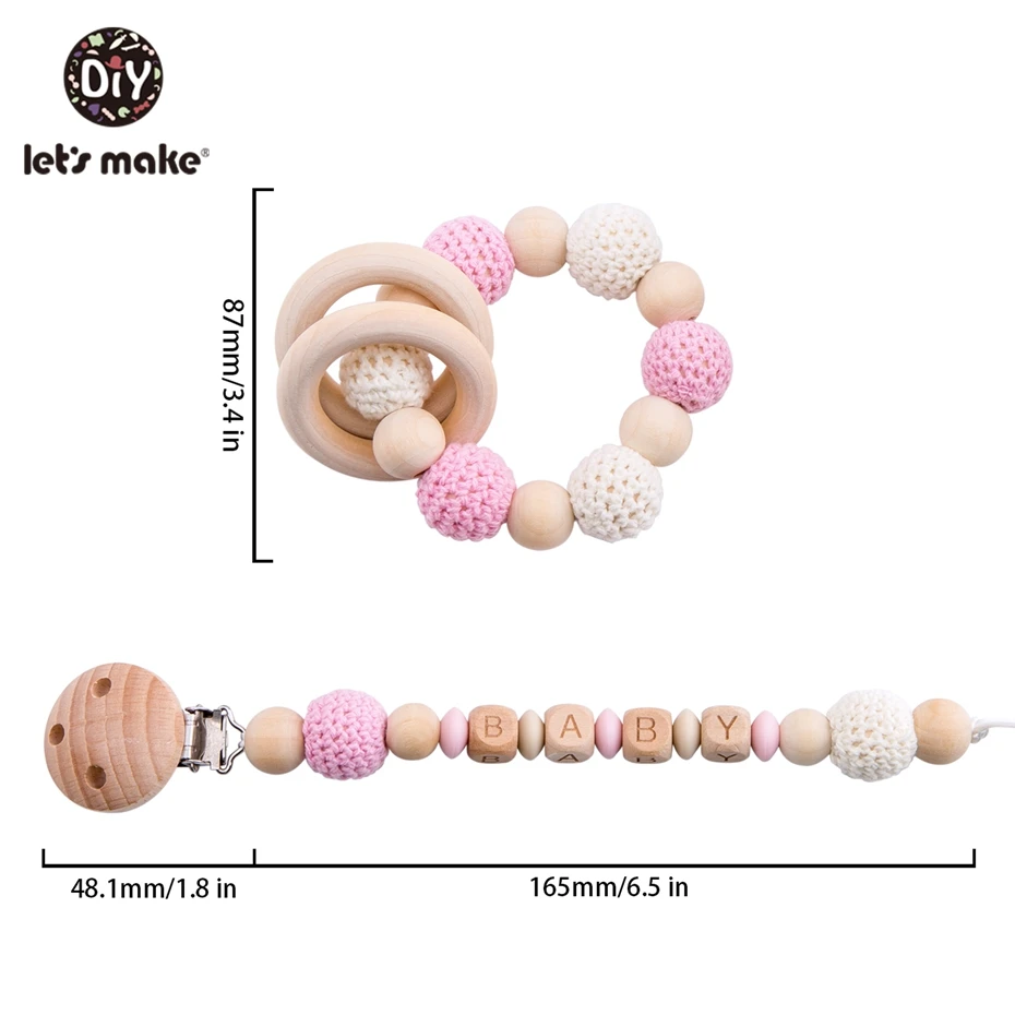 Let's Make Food Grade Silicone Wooden Teether Baby Pacifier Chain Pram Crib DIY Customized Soother Baby Teether Rattle Set Toys