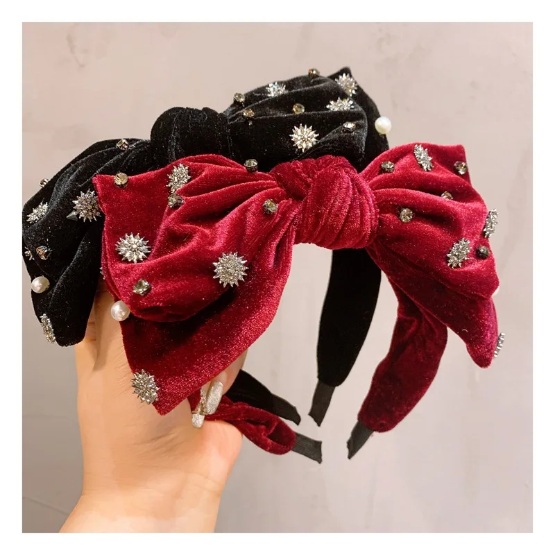 

Retro Pearls Rhinestone Headband Velvet Bow Female Hair Band Hoops For Girls Wild Go Out Pressure Hairbands Hair Accessories