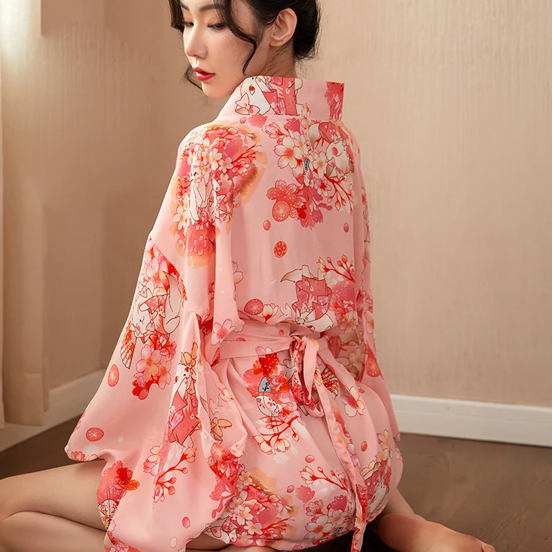 Japanese Kawaii Kimono Sakura Print Short Belt with Bow Sexy Cosplay Women Raditional Style Robe Yukata Outfit Tradition