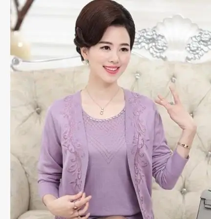 Fashion 2020autumn winter female plus size cardigans mother two piece set blusa tricot middle-aged women knitting sweater S1141