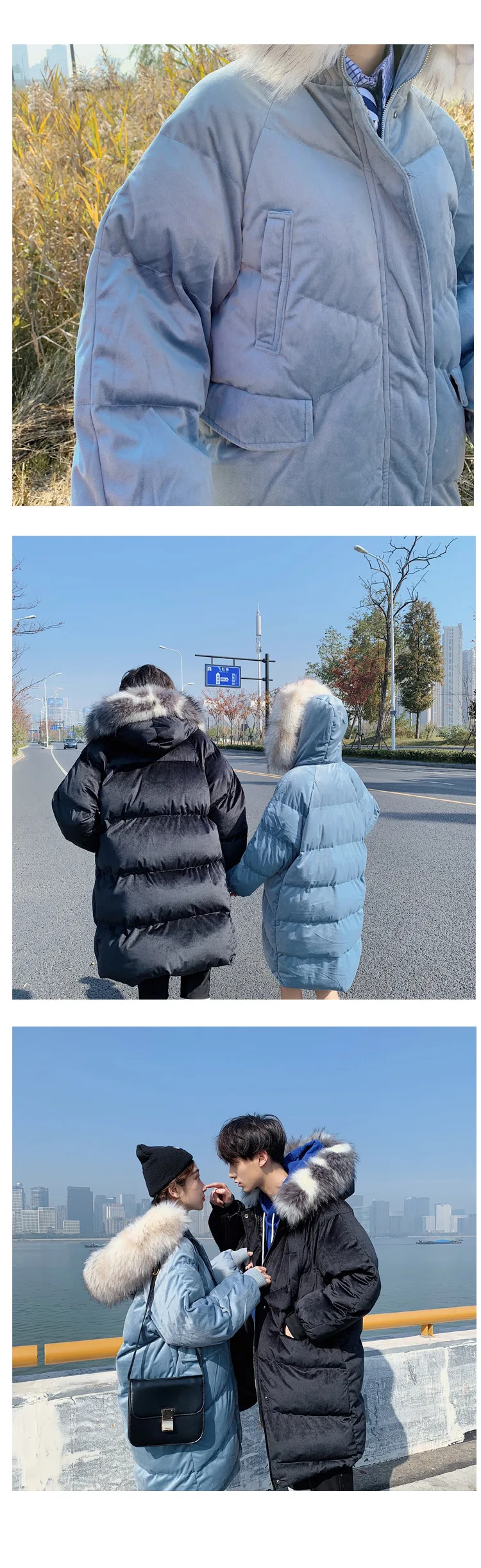 Одежда для пар; коллекция года; Сезон Зима; стиль; вельветовое пальто с капюшоном и большим меховым воротником; Длинная хлопковая стеганая одежда; молодежное модное однотонное пальто