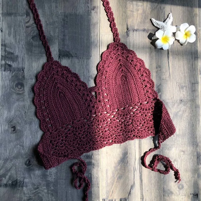 new wine red Крючком бикини треугольник бикини топ женщина купальник с отверстиями крючком черный сексуальный лиф купальника Большие женские Купальники S-Xl - Цвет: new wine red