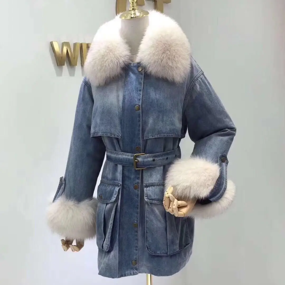 New Style Hot Selling Korean-style Jeans Coat Inner Wearing Removable Shoulder Fox Fur Collar down Jacket Women's Mid-lengt