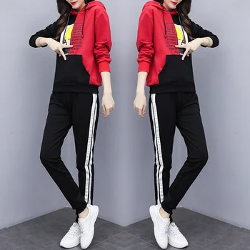 

2020 spring women's large size letter printed spell color hooded tops+pants suits female fashion plus size suits 5XL