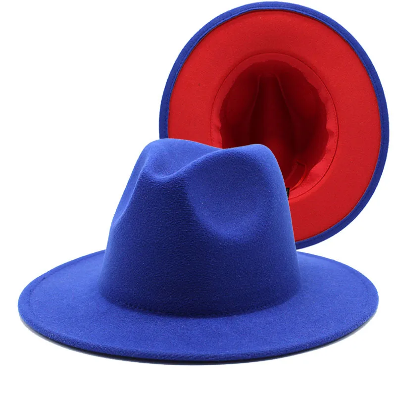 Fashion Royal blue red Patchwork Felt Hat Women Men Wide Brim Imitation Wool Jazz Fedora Panama Trilby Cap Trend Gambler | Аксессуары