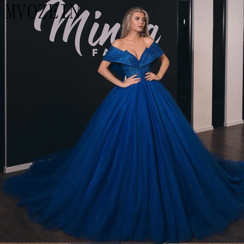 Robe de soiree ярко-синие вечерние платья длинное Тюлевое бальное платье с открытыми плечами и шлейфом строгие вечерние платья