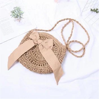 

Handmade Bowknot Straw Bag Soft Woven Hollow Shoulder Bags Knitting Crossbody Bags Summer Beach Female Circle Tassel Handbags