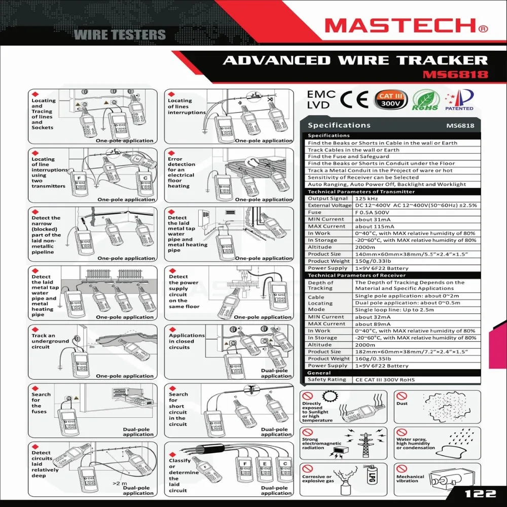 Портативный профессиональный кабельный трекер Mastech MS6818 локатор для