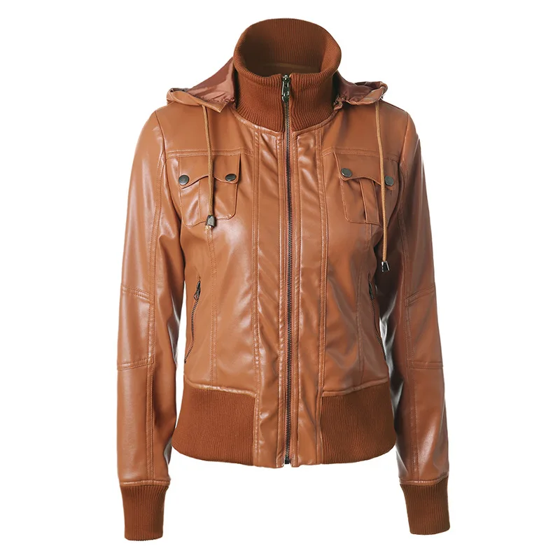 

Europe And America Women's Ribbed Pattern Joint Hooded Drawstring High Collar Zipper PU Leather Locomotive Jacket Women's