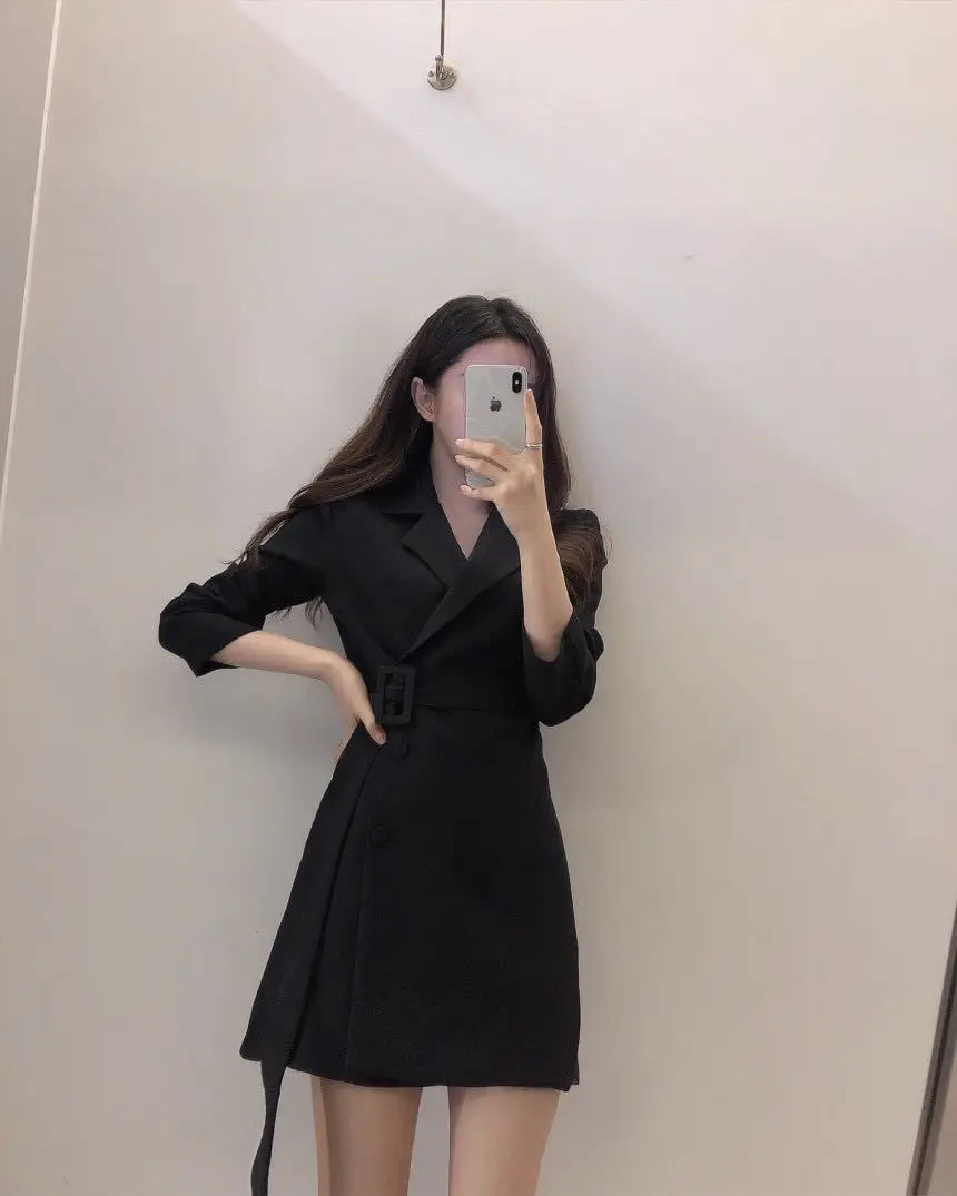Осень Белый Черный тонкий женский пиджак блейзер корейский длинный рукав женское пальто Верхняя одежда Повседневная с поясом офисные женские пиджаки Feminino