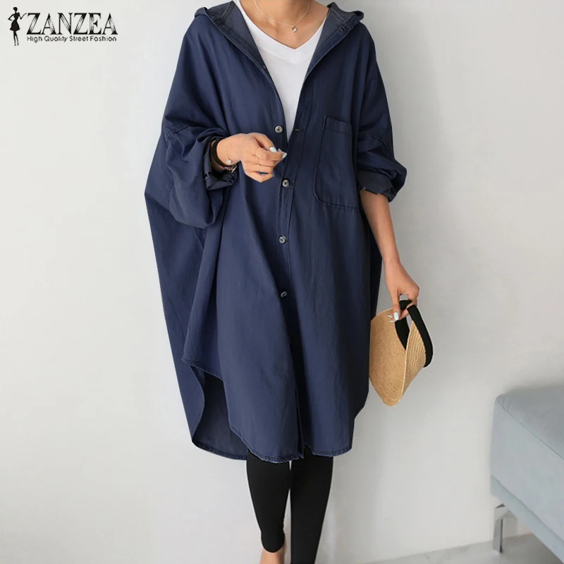 long down coat 2022 Oversized ZANZEA Denim Blue Coats Autumn Womens Solid Hooded Long Sleeve Button Down Outwear Long Jackets Cardigans Vestido black puffer coat with hood