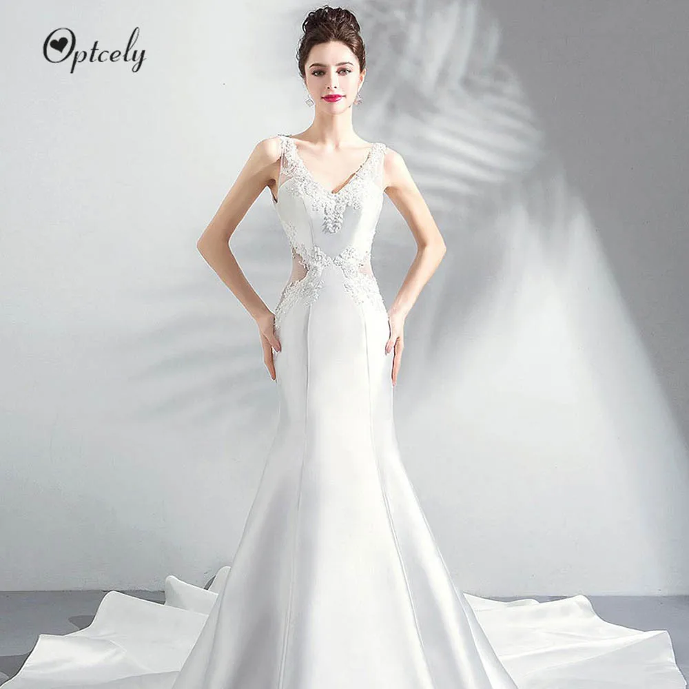 

Optcely New Arrival White Deep V-Neck Mermaid Wedding Dress 2019 Elegant Train Appliques Beaded Sweep Train Vintage Bridal Gowns