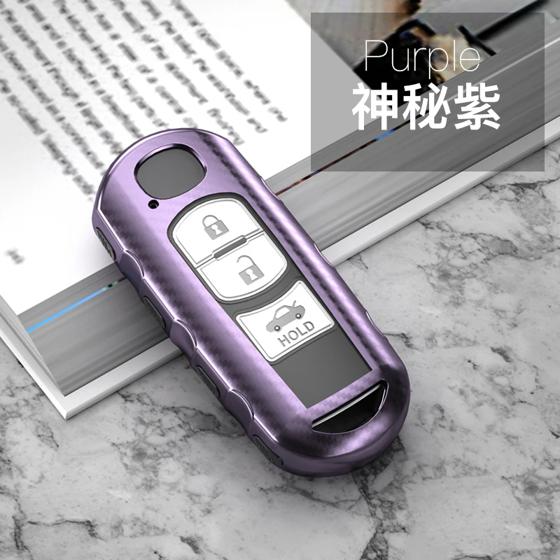 Purple Чехол для ключей для Mazda 2 3 6 Axela Atenza CX-5 CX 5 7 CX3 CX5, аксессуары из ТПУ и углеродного волокна, защитный чехол для автомобильных ключей - Название цвета: Purple