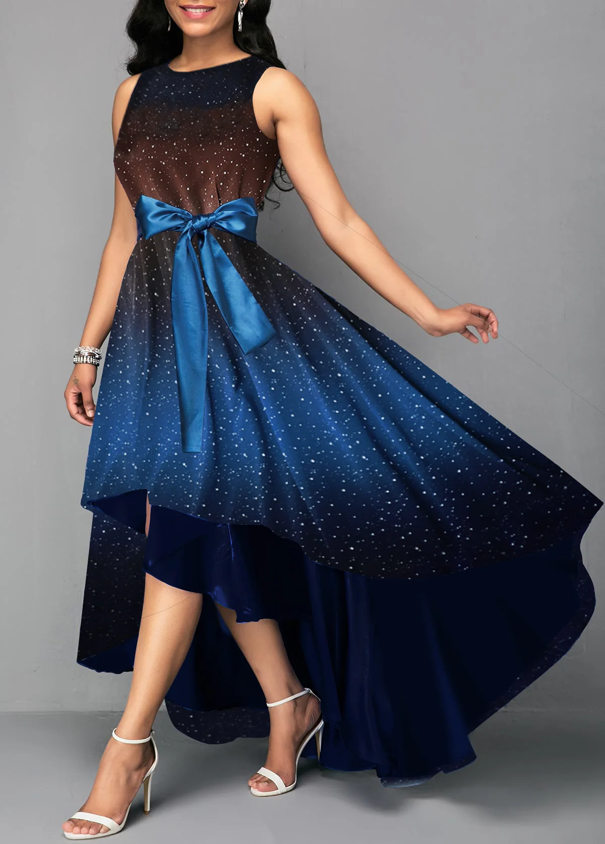 Backlake обувь с блестящими звездами; комплект из подходящих с рисунком неба и градиент Цвет, без рукавов, одежда с бантом и поясом, ассиметричное длинное вечернее платье Galajurken Dames