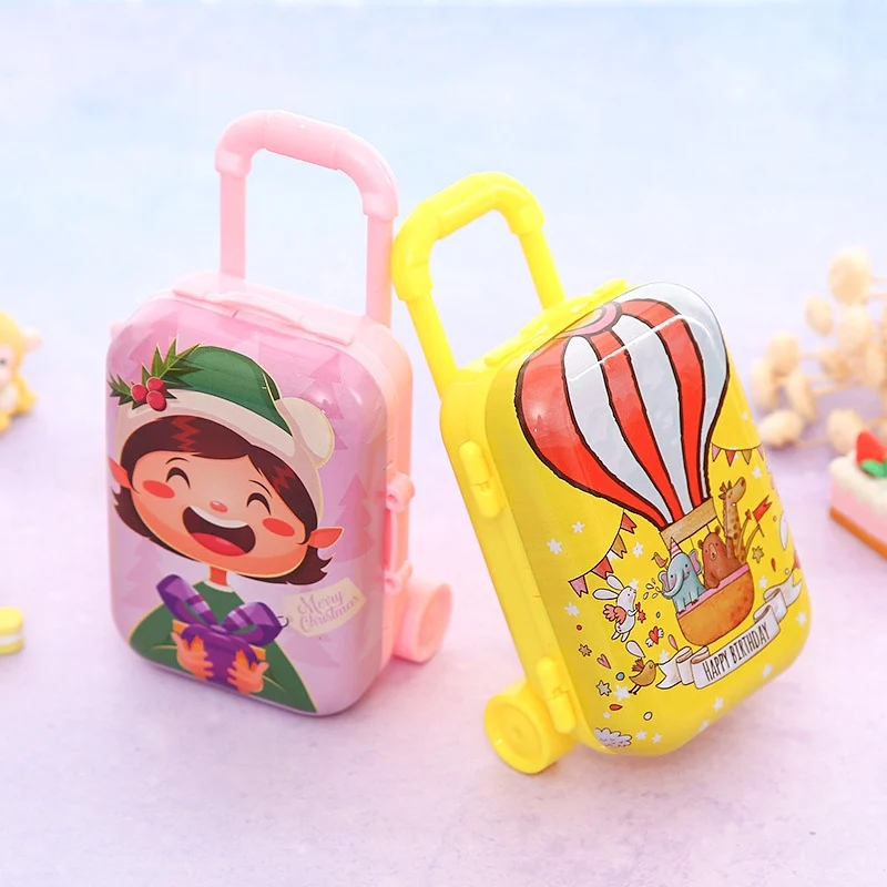 

Christmas Gift Baby Toy Cartoon Miniature Travel Suitcase Shape Candy Box Toy Tinplate Storage Container